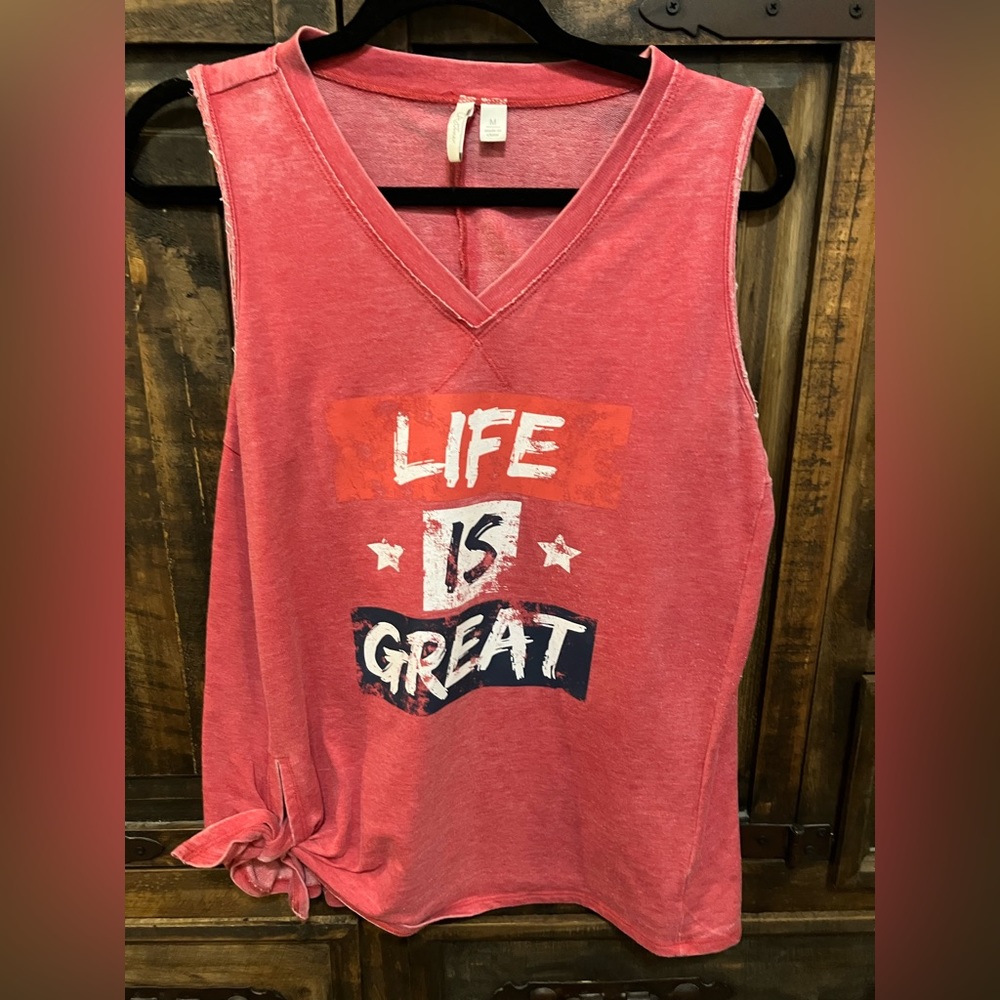 medium, red tank top